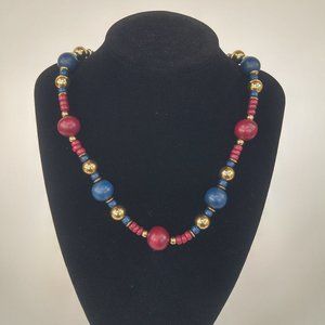 Cranberry Red, Blue & Gold Beaded Necklace